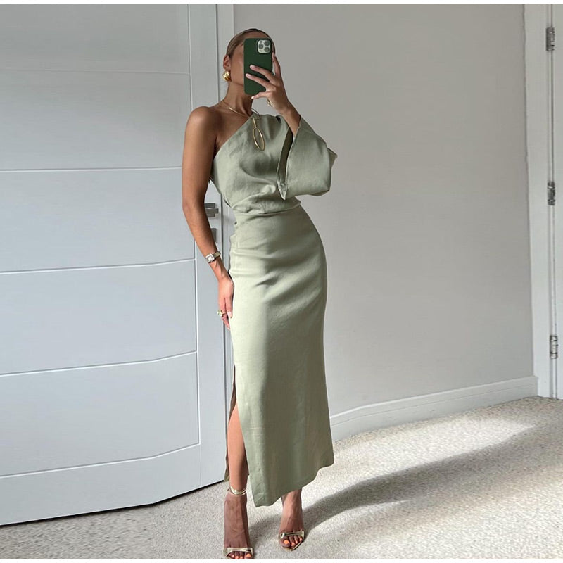 Sage green satin midi dress with one-shoulder neckline and draped bodice for women
