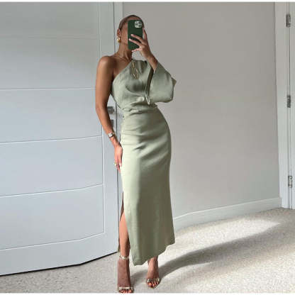 Sage green satin midi dress with one-shoulder neckline and draped bodice for women