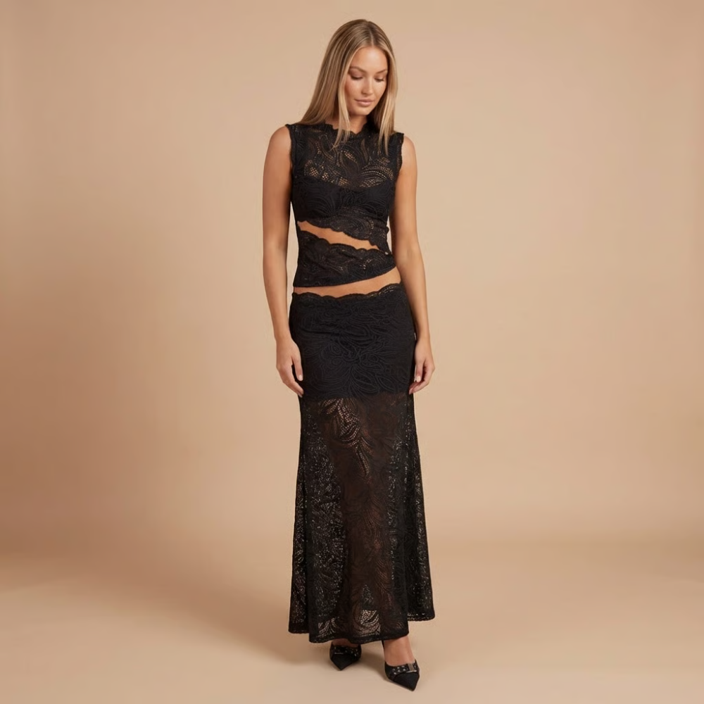Black lace two-piece maxi set with sheer lace skirt and sleeveless crop top