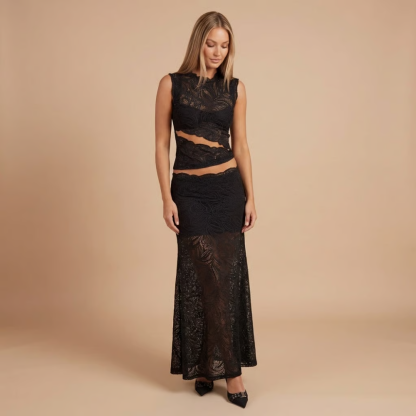 Black lace two-piece maxi set with sheer lace skirt and sleeveless crop top