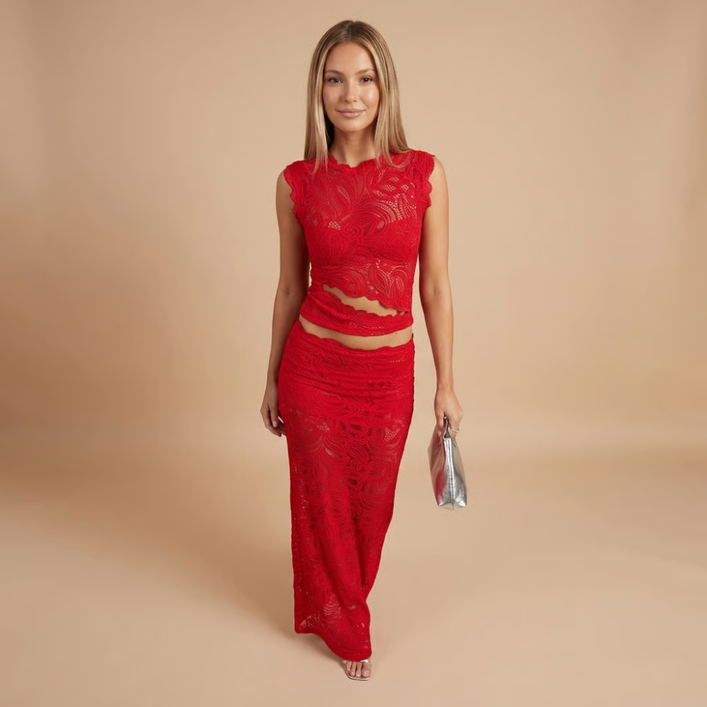 Red lace maxi set with cutout waist detail and sleeveless top