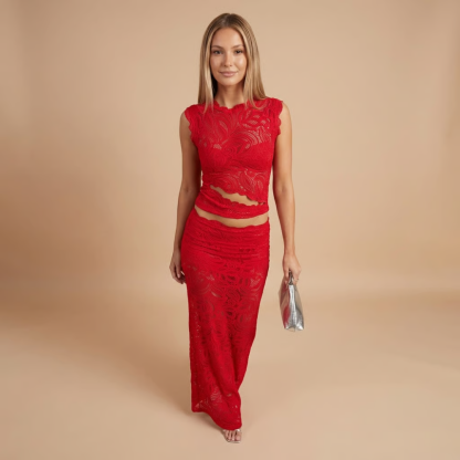 Red lace maxi set with cutout waist detail and sleeveless top