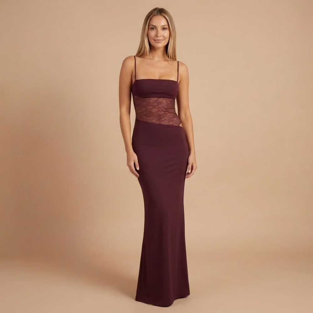 Burgundy maxi dress with lace mesh waist and thin straps