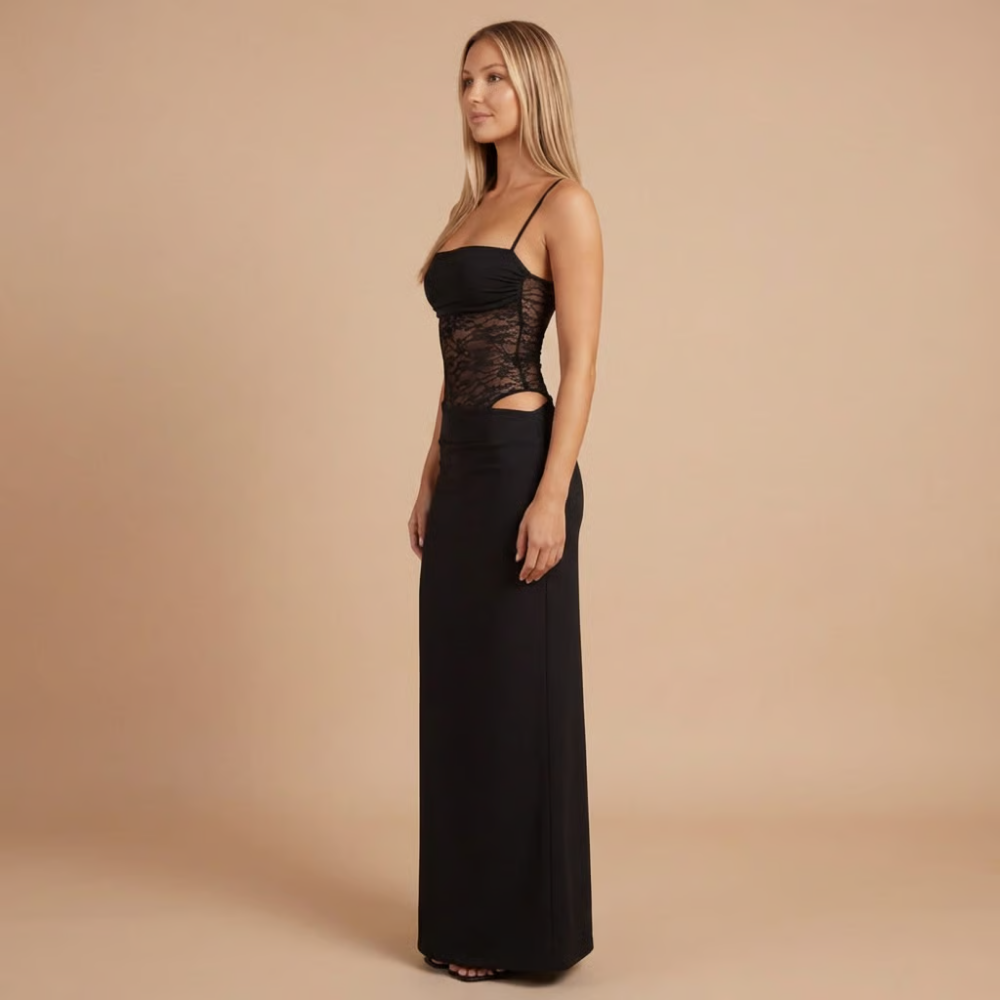 Side view of black maxi dress with sheer lace midriff panel