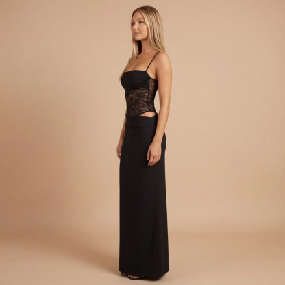Side view of black maxi dress with sheer lace midriff panel