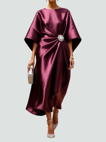 Burgundy satin midi dress with batwing sleeves and jeweled center detail