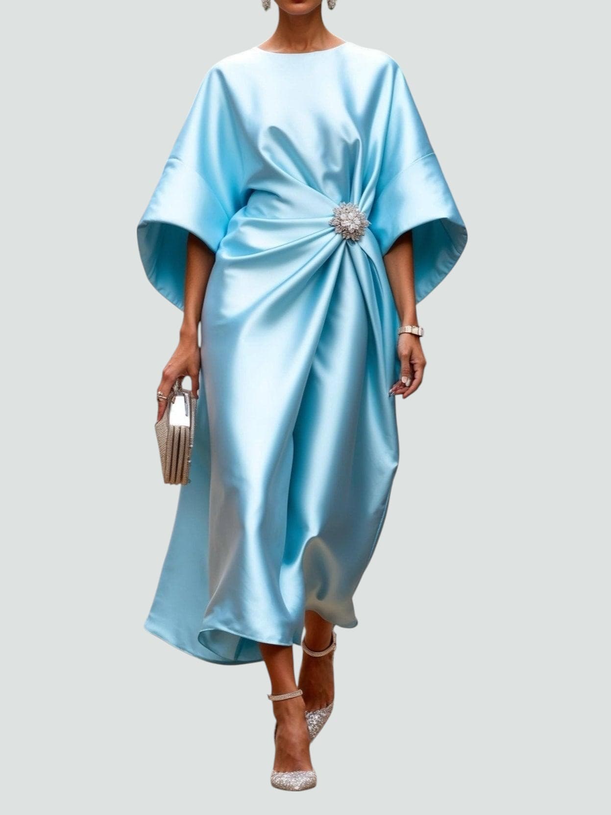 Light blue satin midi dress with flutter sleeves and side ruching