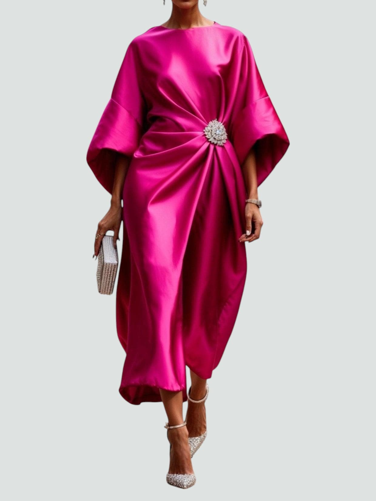 pink satin midi dress with wide sleeves and gathered waist brooch