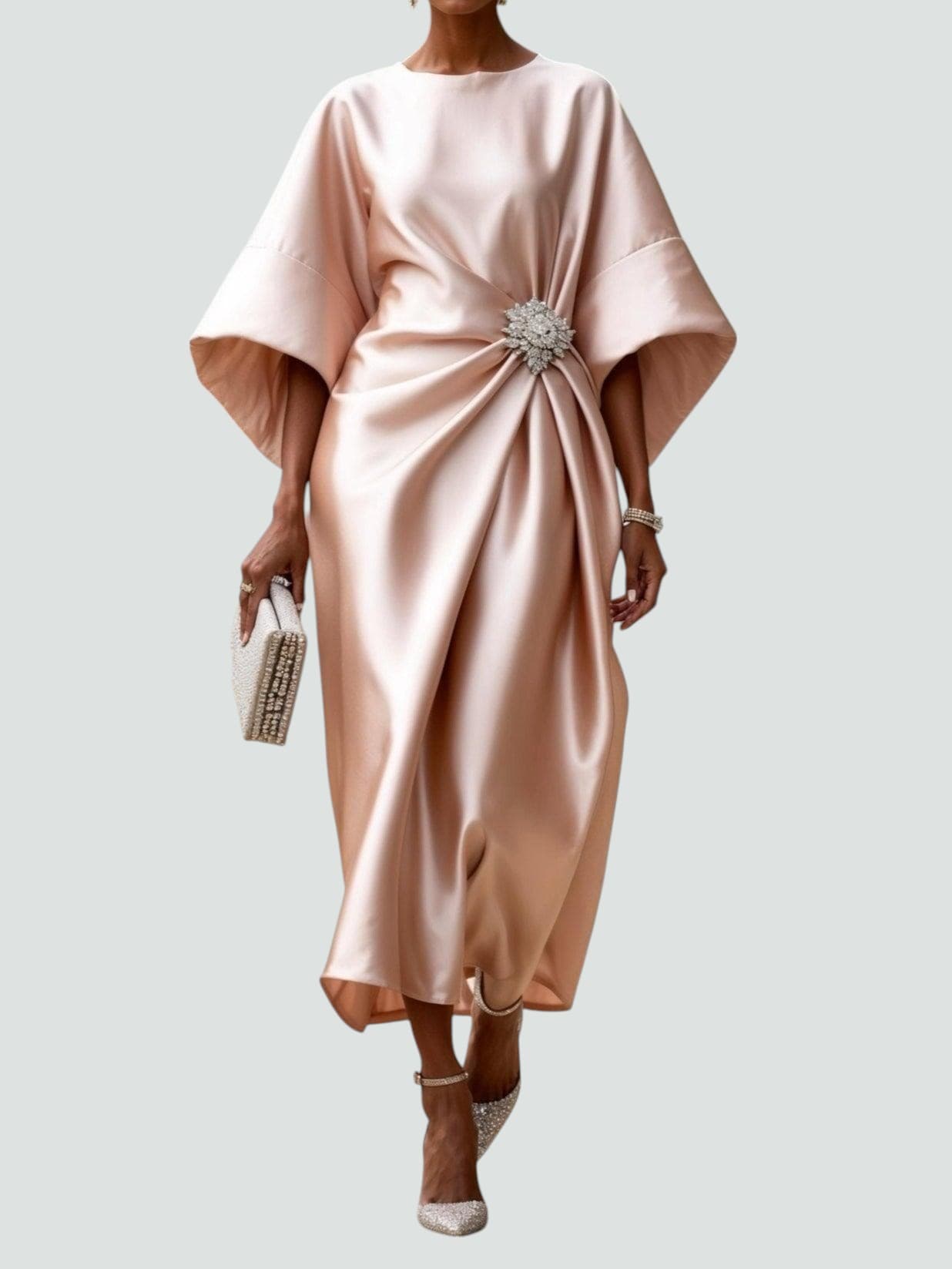 Blush satin midi dress with kimono sleeves and crystal embellished waist