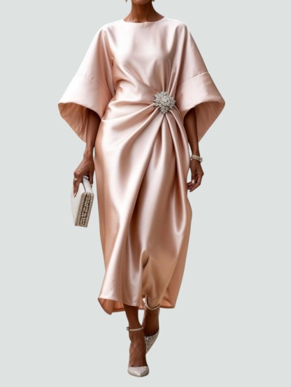 Blush satin midi dress with kimono sleeves and crystal embellished waist