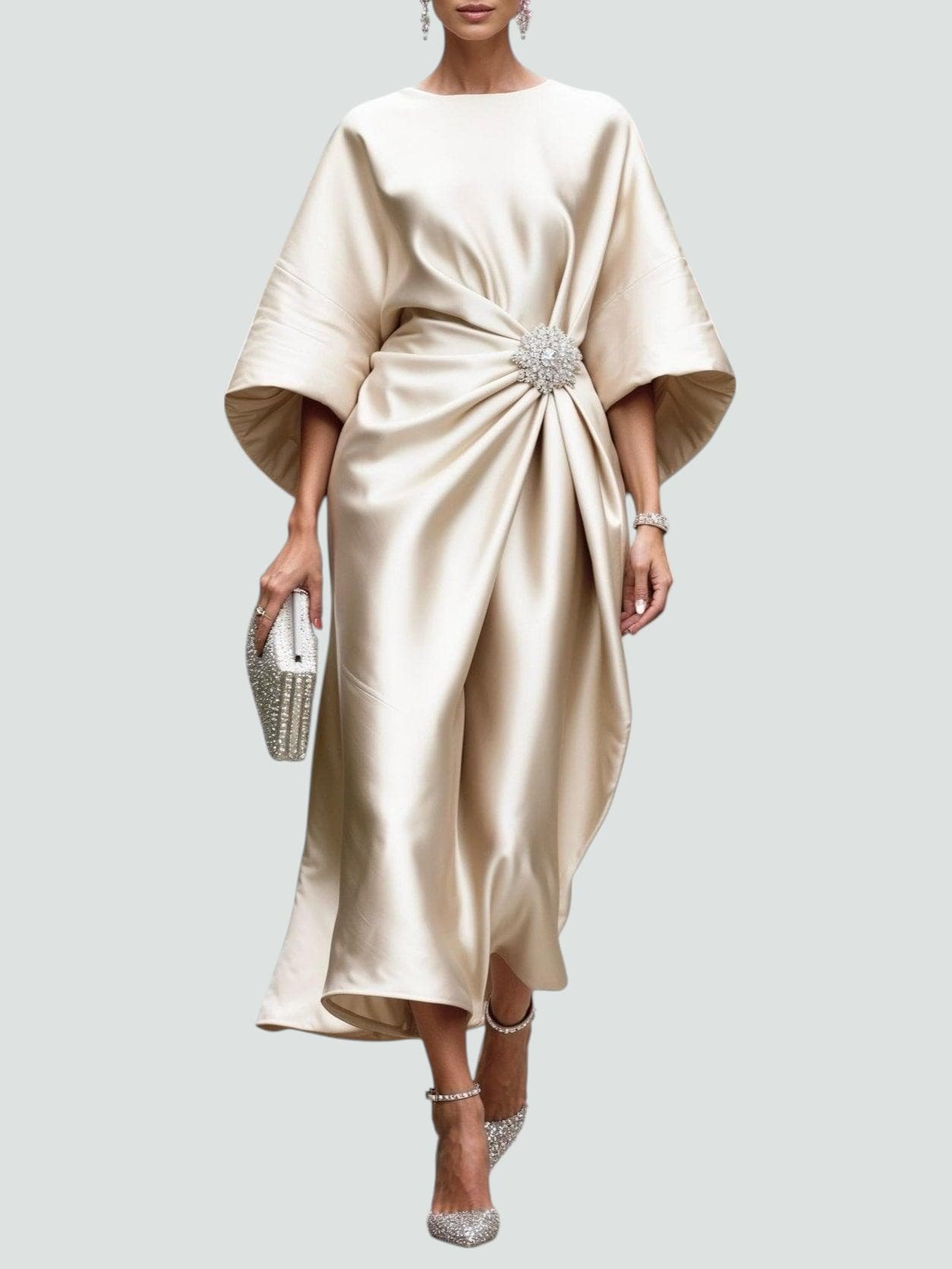 Champagne satin midi dress with batwing sleeves and side drape detail