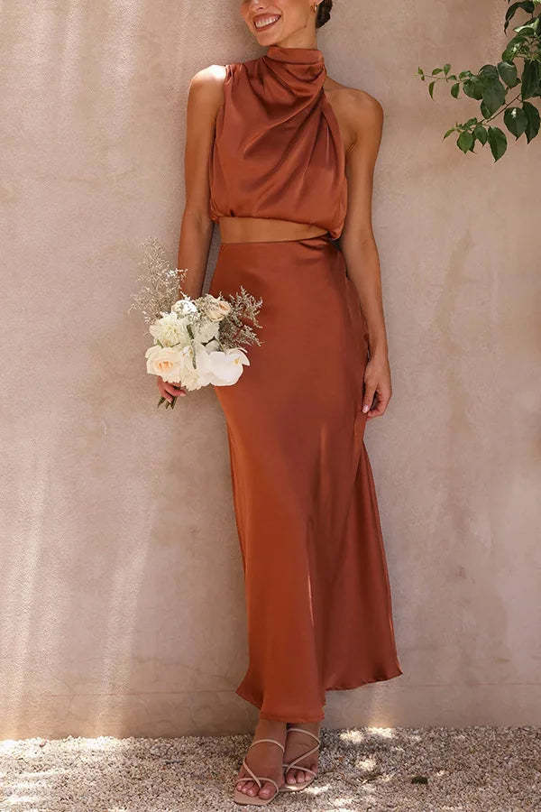 Rust satin draped halter crop top and maxi skirt set
