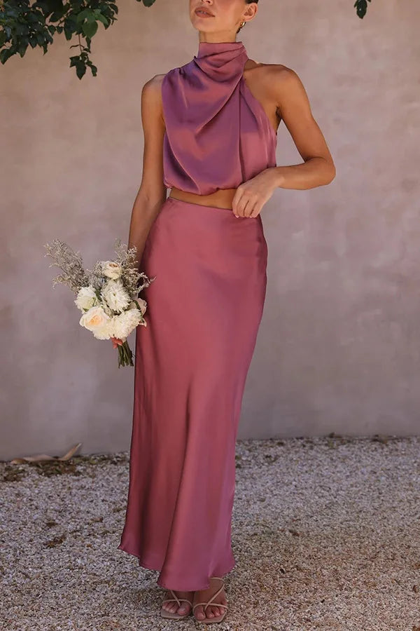 Mauve satin draped halter crop top and maxi skirt set