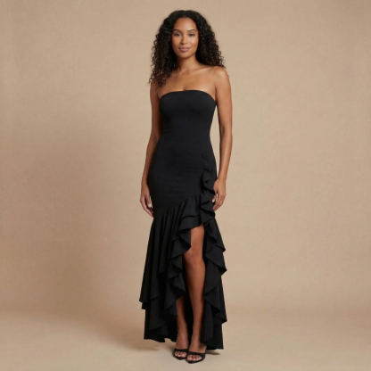 Black strapless ruffle maxi dress with asymmetrical high-low hem