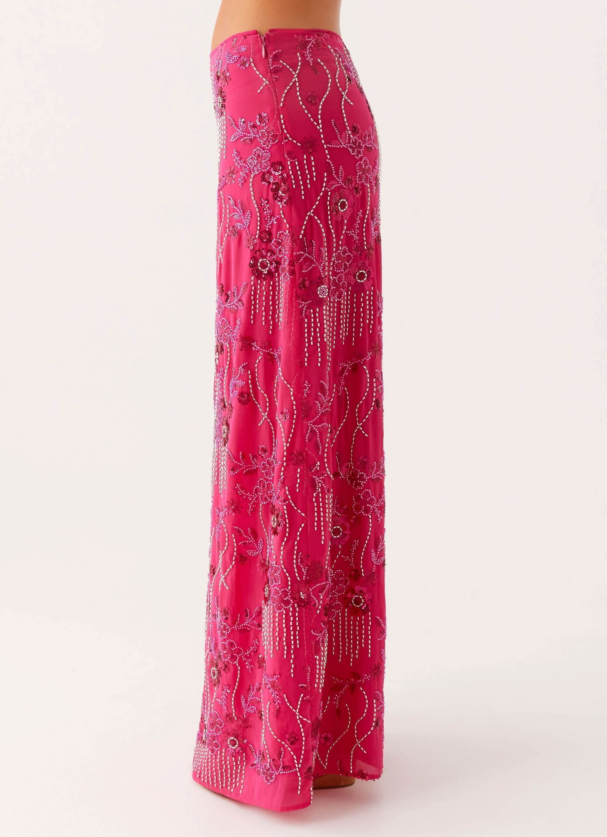 Back view of pink sequin maxi skirt with ornate beaded design