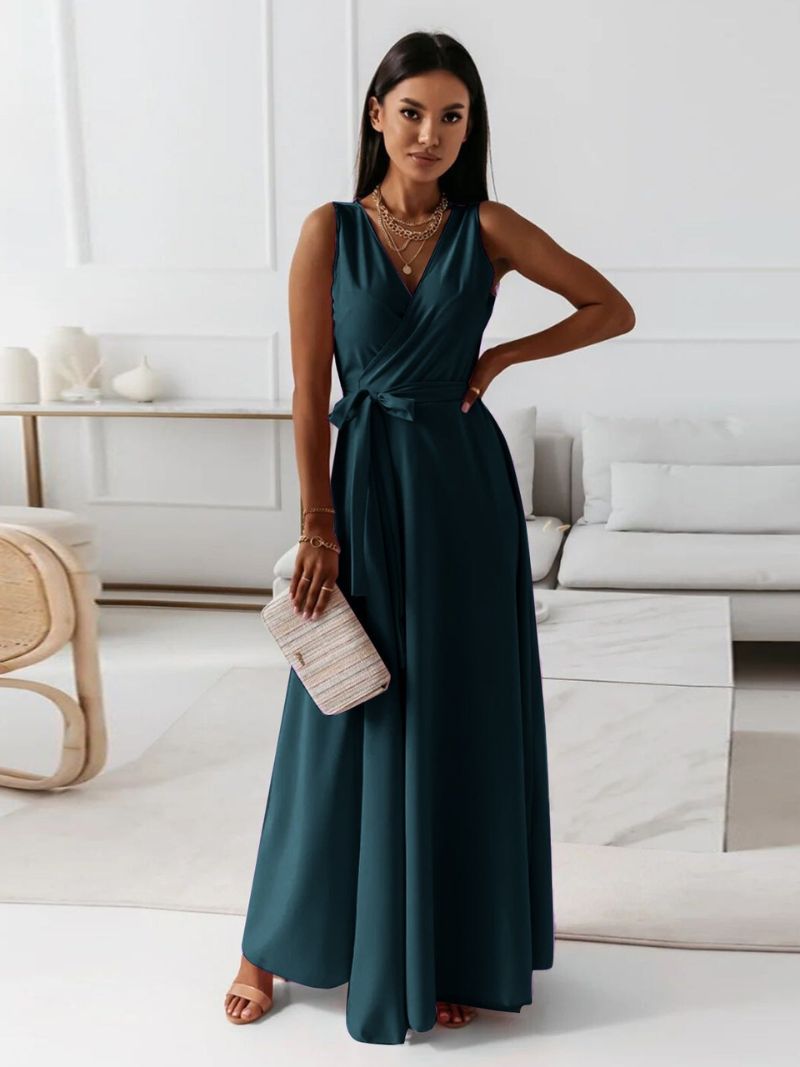 Teal wrap maxi dress with sleeveless design and tie waist detail