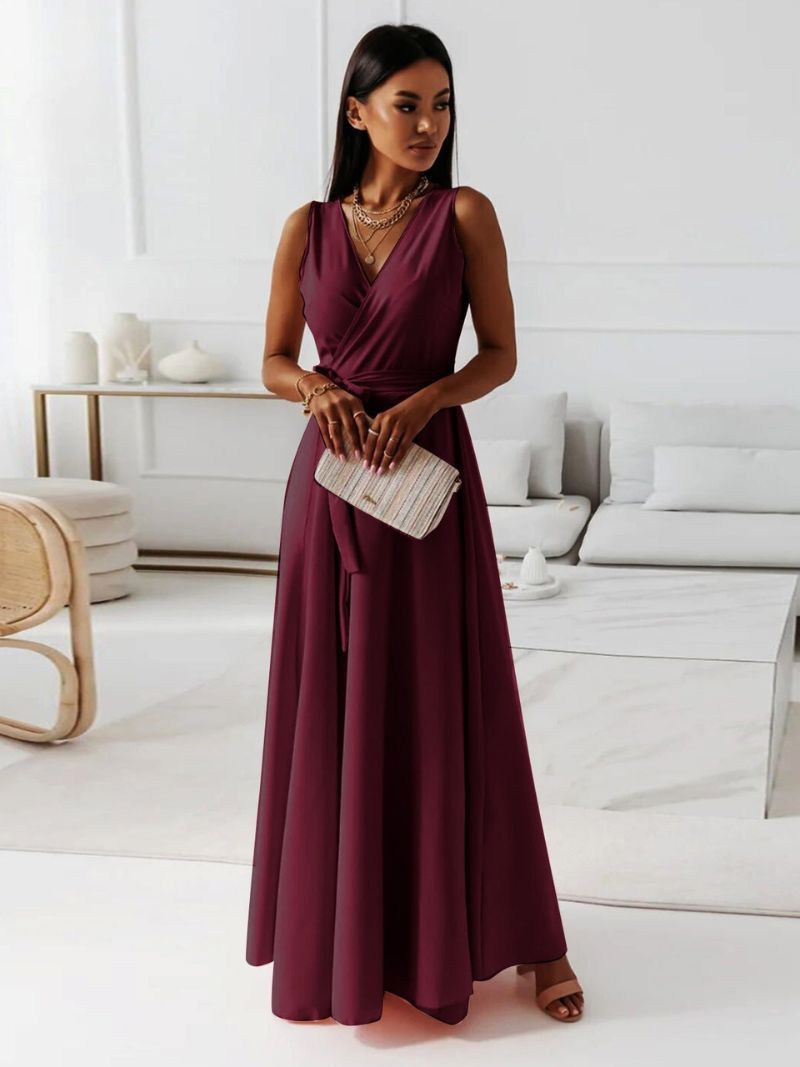 Burgundy wrap maxi dress with v-neck and side tie closure