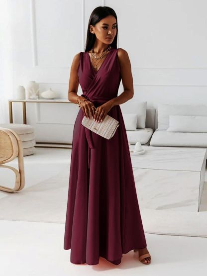 Burgundy wrap maxi dress with v-neck and side tie closure