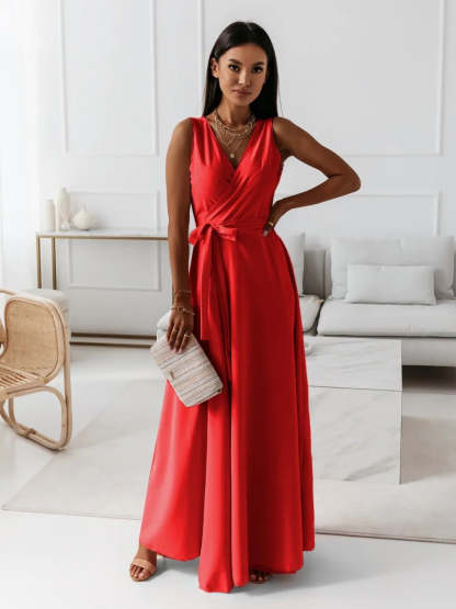 Red wrap maxi dress with sleeveless v-neckline and flowing hem