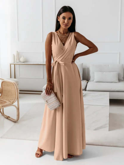 Beige wrap maxi dress with sleeveless cut and waist tie detail