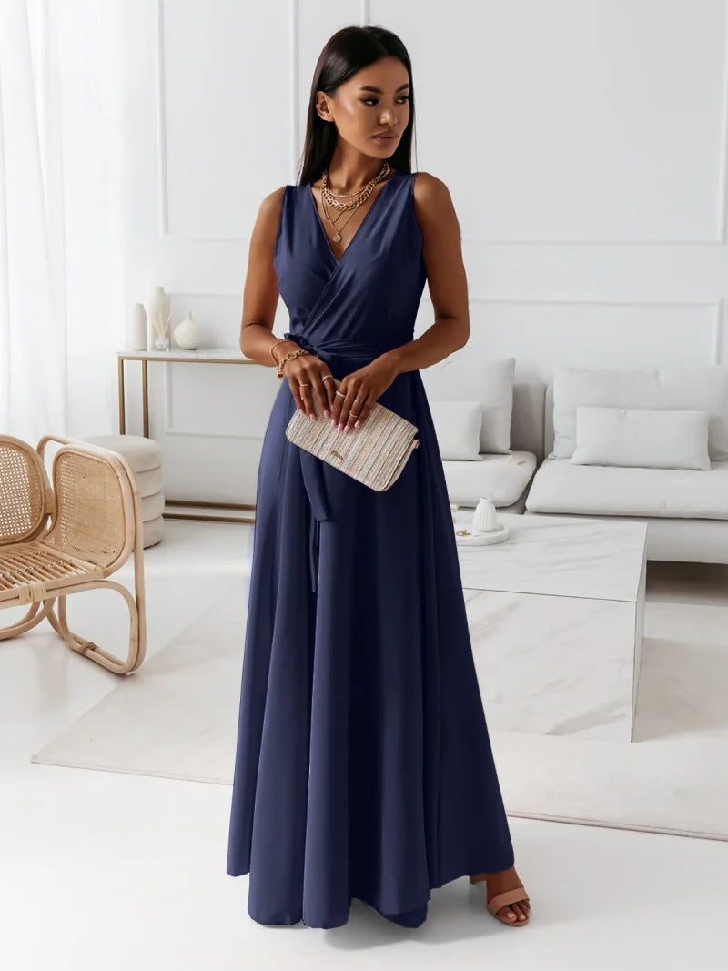 Navy wrap maxi dress with v-neck and draped side detail
