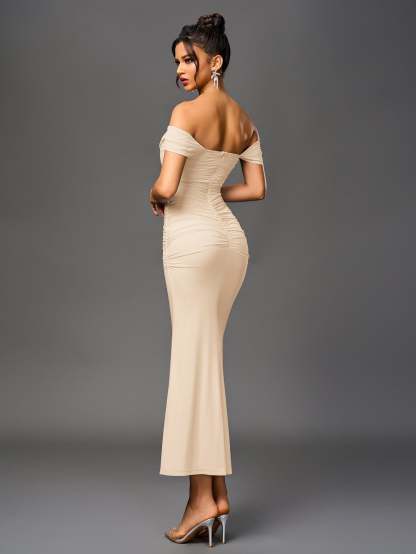 Alida Off Shoulder Maxi Dress - Beige