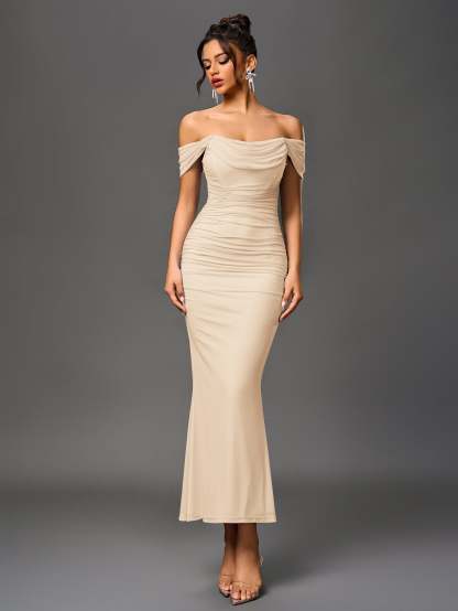 Alida Off Shoulder Maxi Dress - Beige