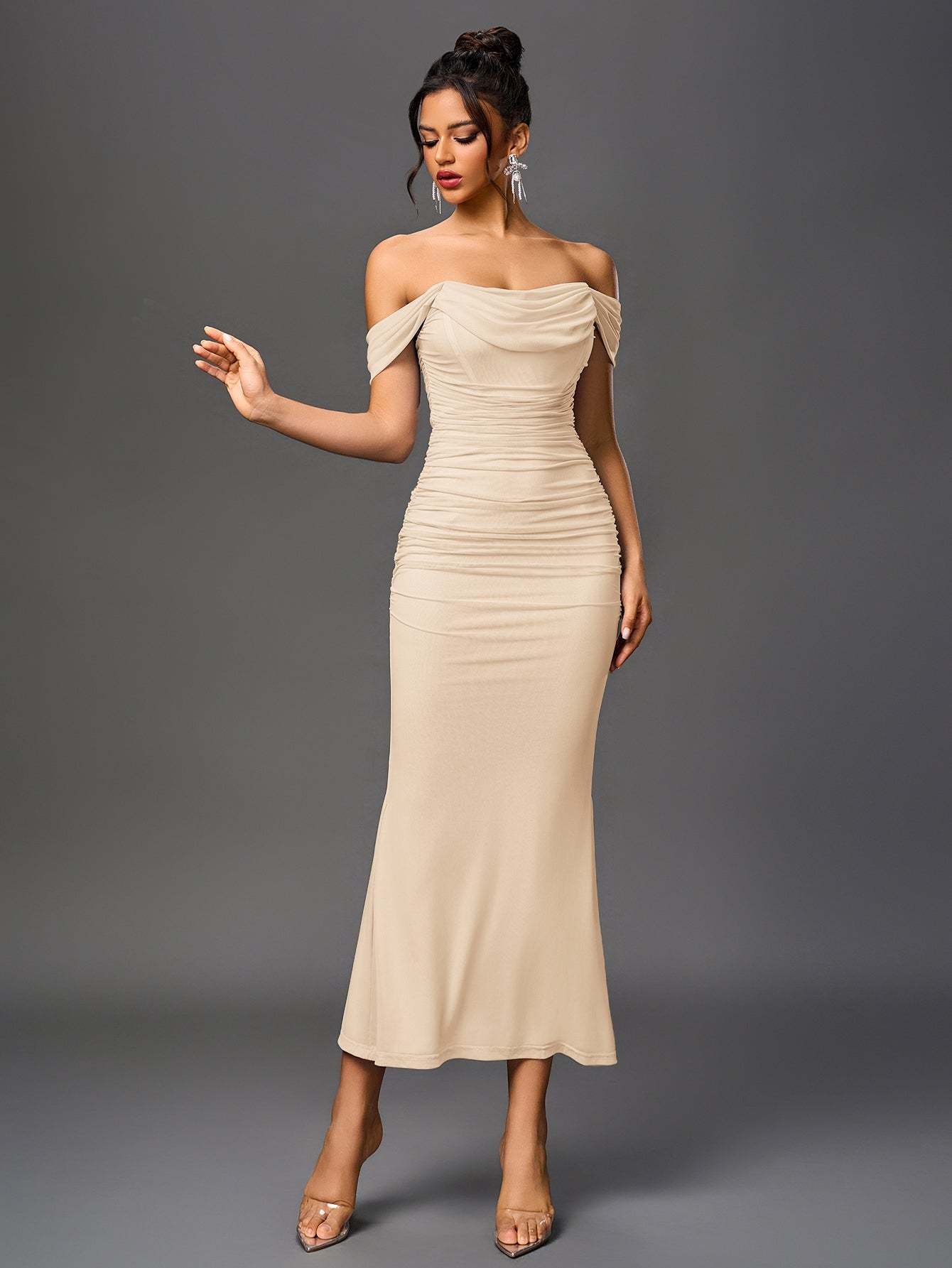 Alida Off Shoulder Maxi Dress - Beige