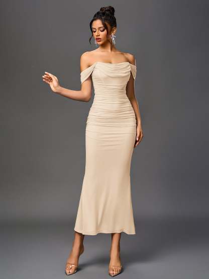 Alida Off Shoulder Maxi Dress - Beige