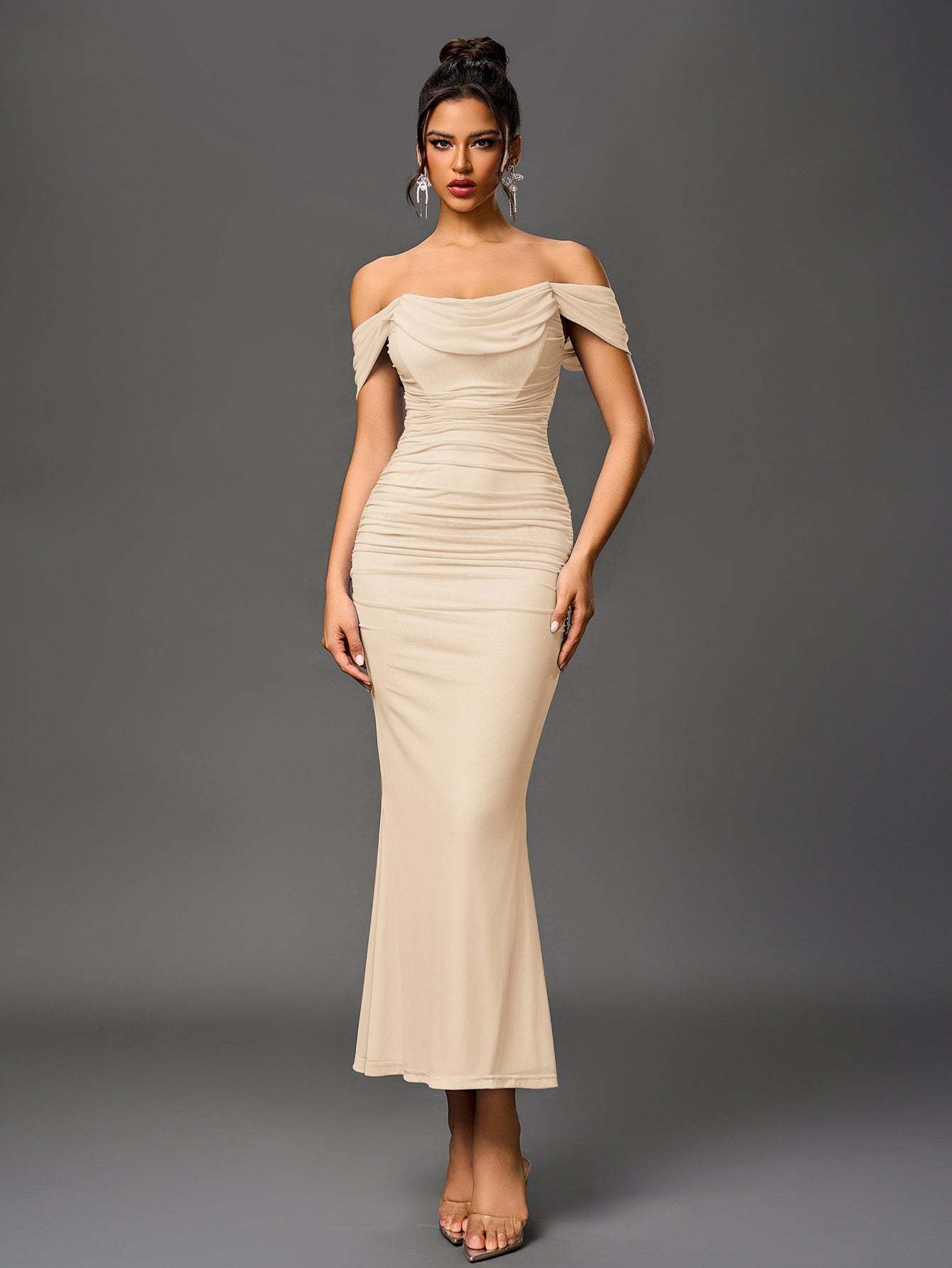 Alida Off Shoulder Maxi Dress - Beige