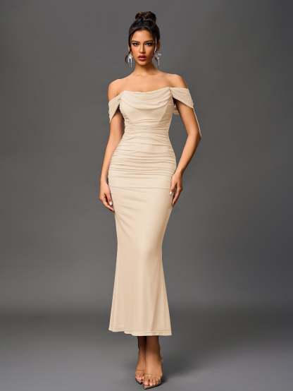 Alida Off Shoulder Maxi Dress - Beige