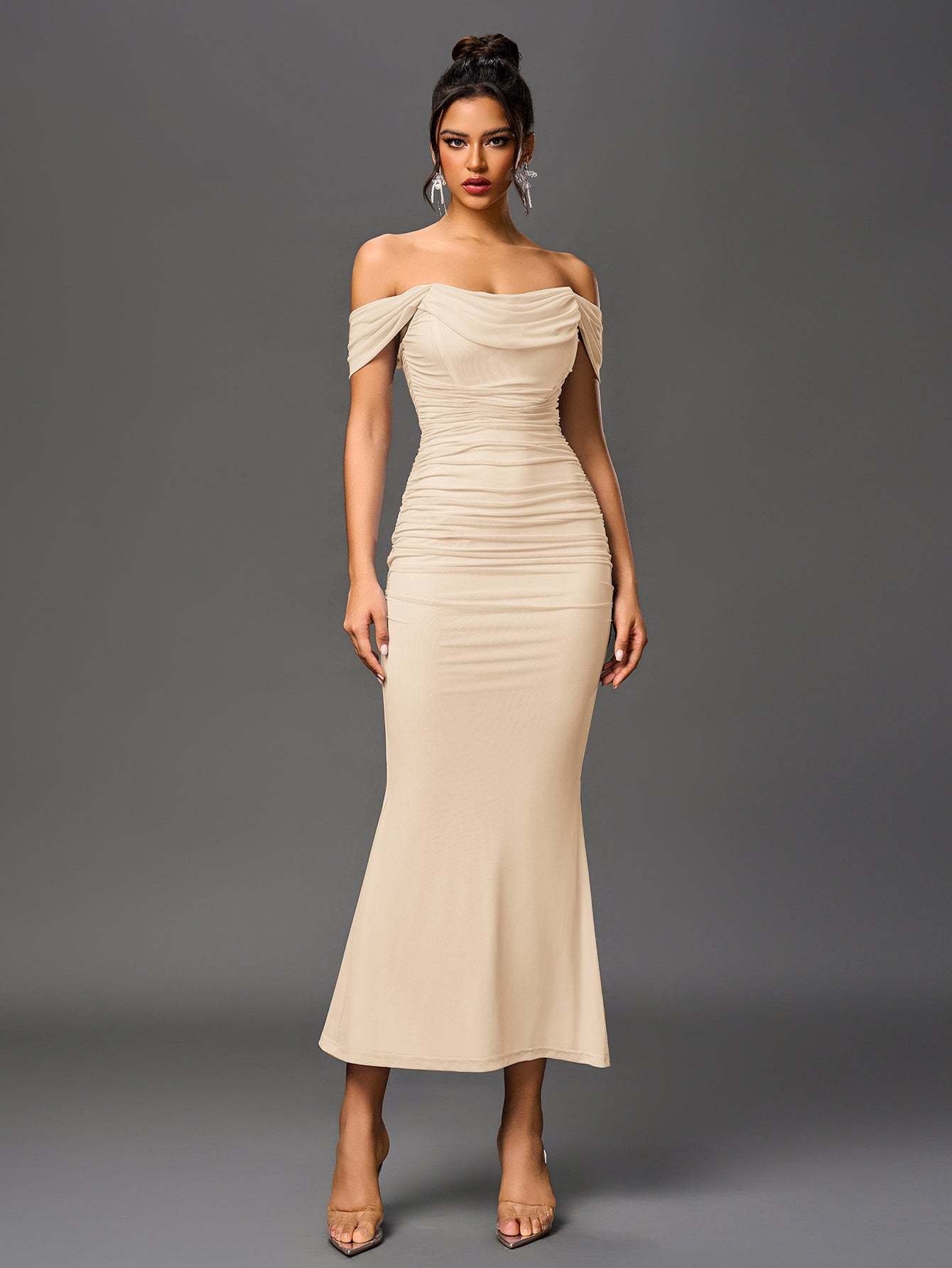 Alida Off Shoulder Maxi Dress - Beige