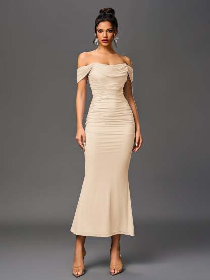 Alida Off Shoulder Maxi Dress - Beige