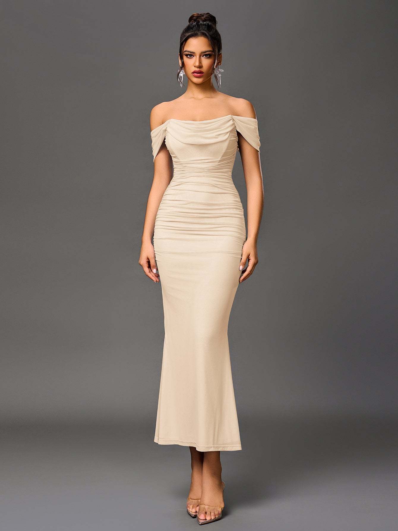 Alida Off Shoulder Maxi Dress - Beige