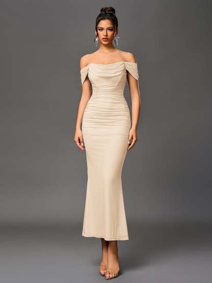 Alida Off Shoulder Maxi Dress - Beige