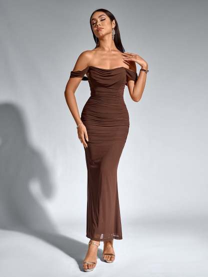 Alida Off Shoulder Maxi Dress - Chocolate Brown