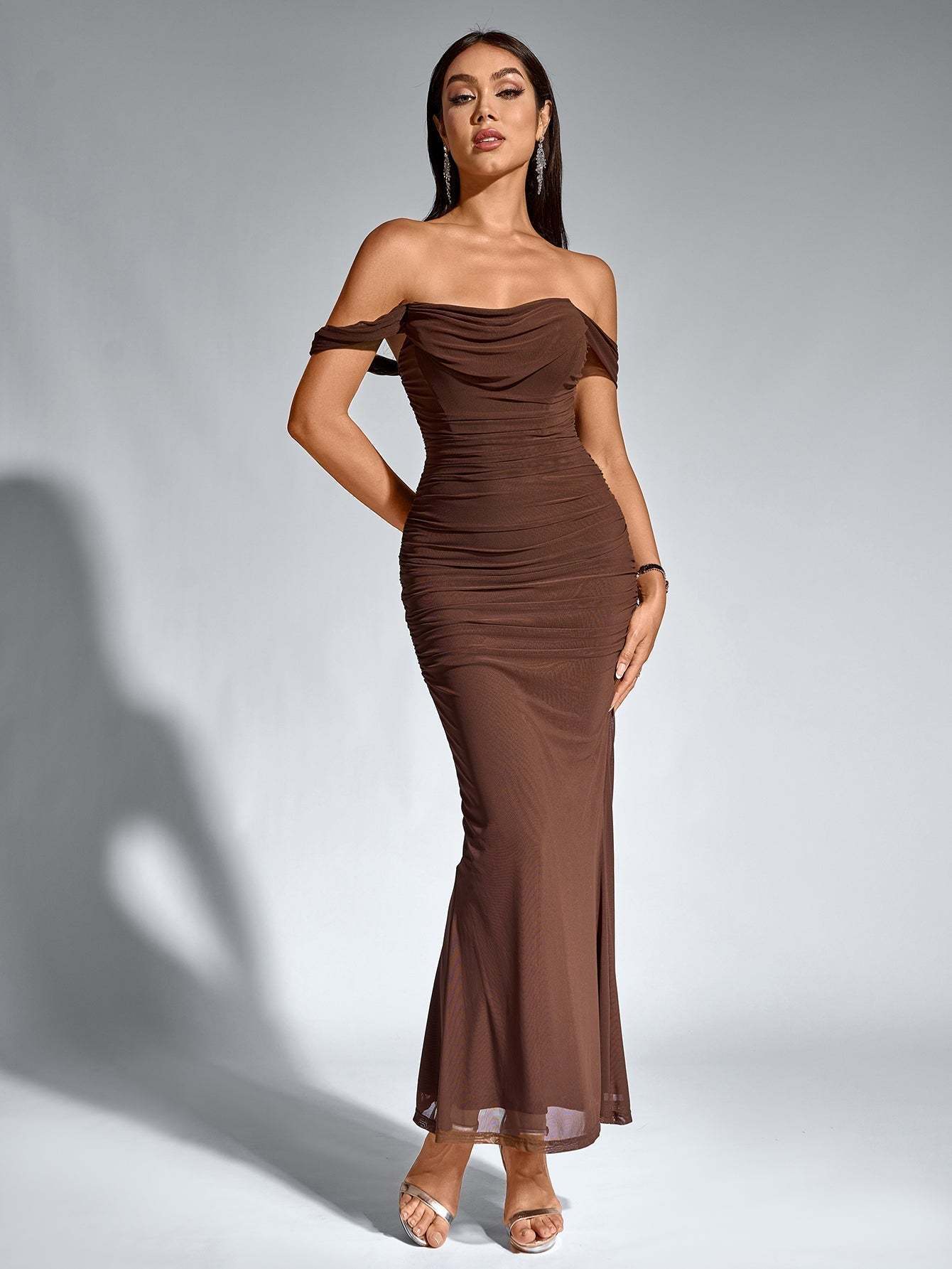 Alida Off Shoulder Maxi Dress - Chocolate Brown