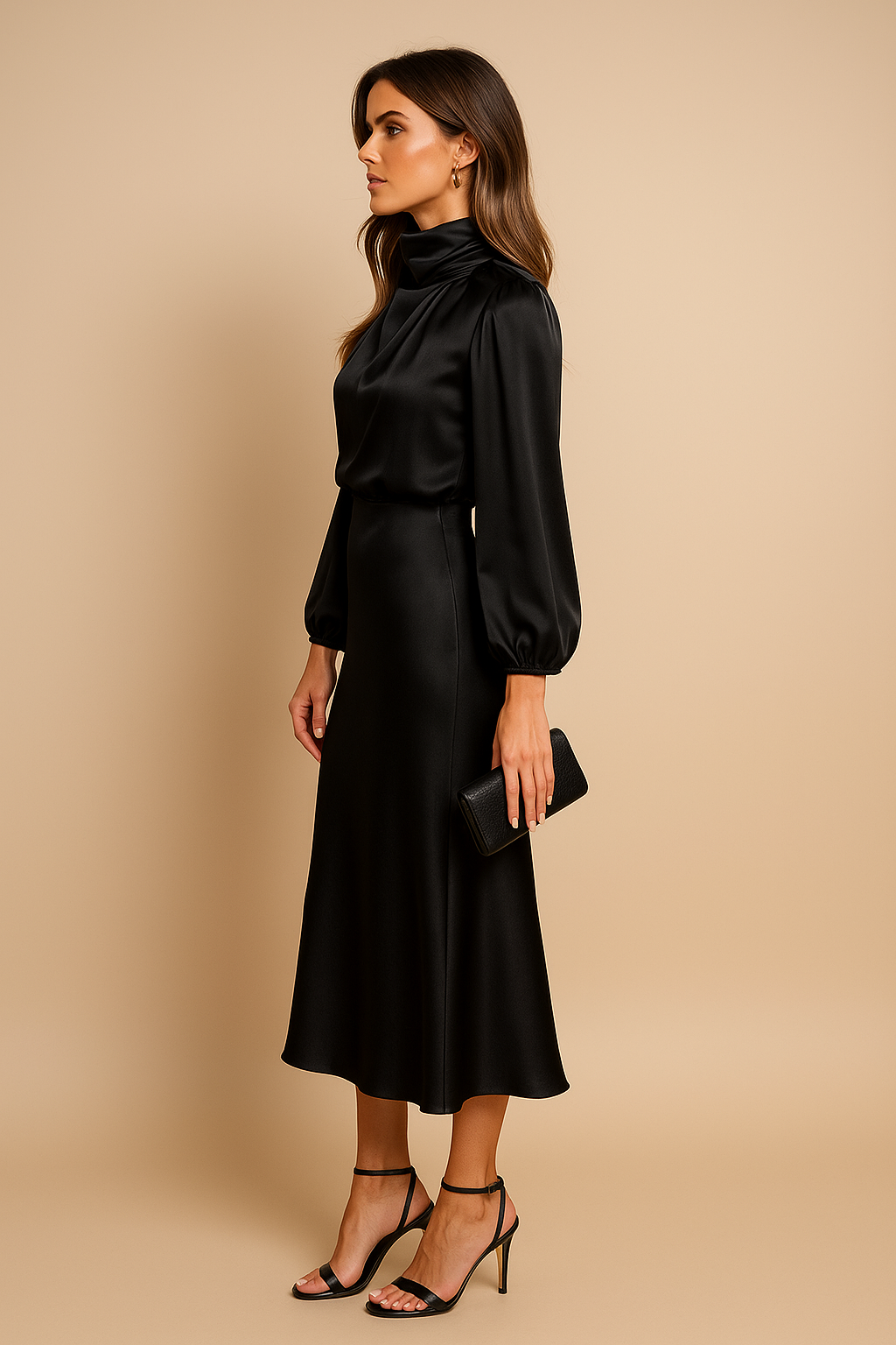 Black draped midi dress side view showing fitted waist and flowing skirt