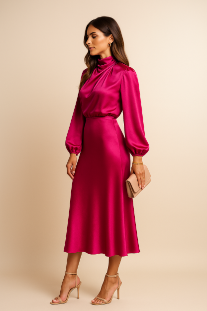 Fuchsia draped midi dress with turtleneck and voluminous long sleeves