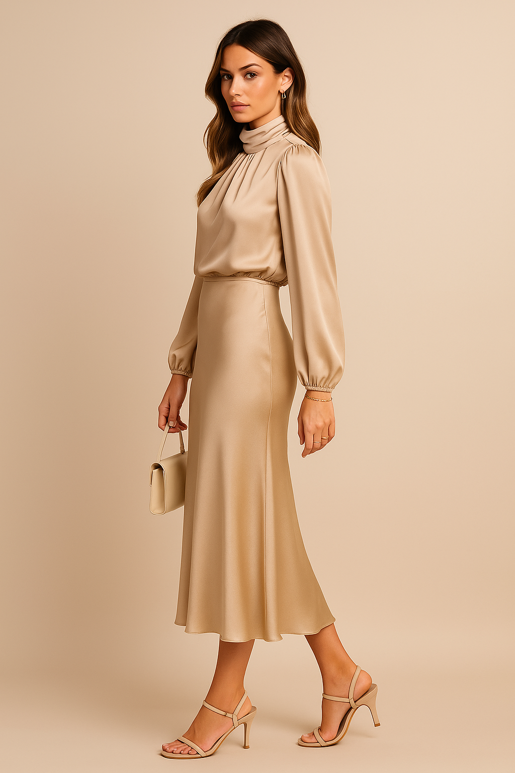 Side view of beige midi dress with draped neckline and gathered waist