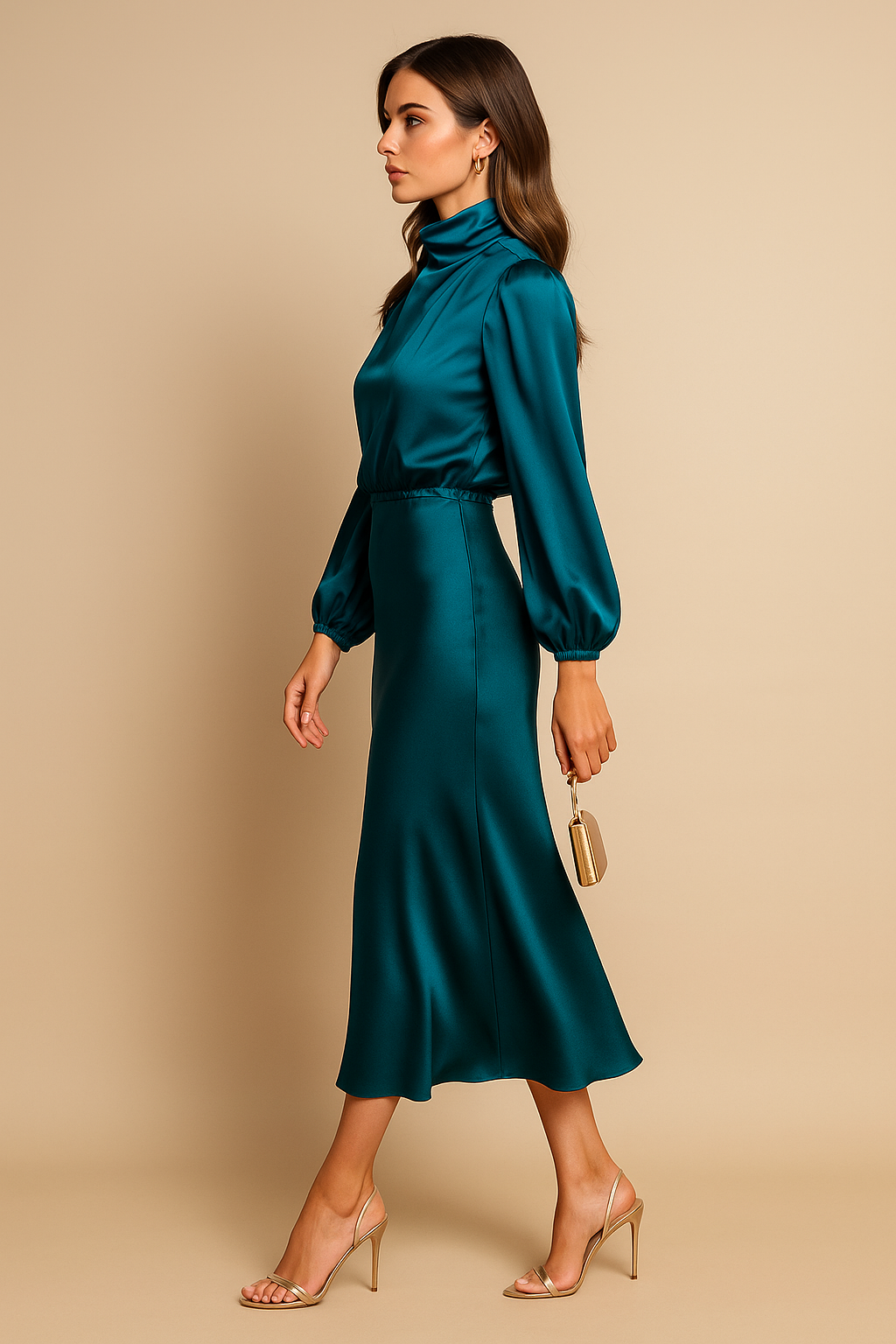 Teal draped midi dress with puffed sleeves and cowl neckline