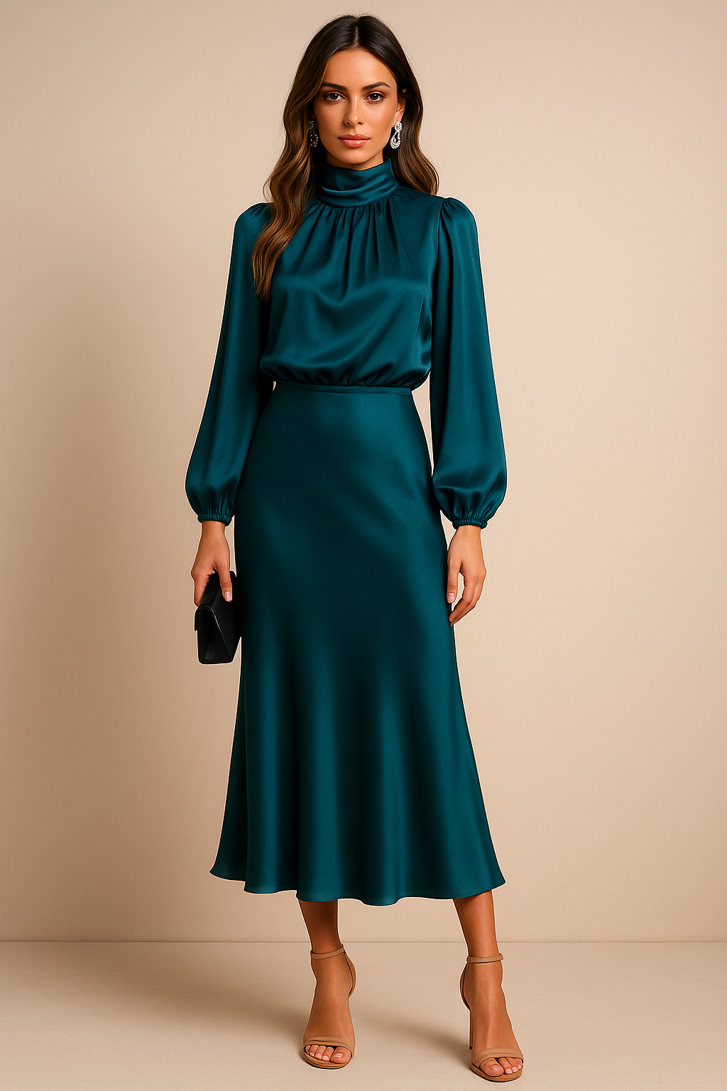 Teal midi dress side view showing draped neckline and gathered sleeves