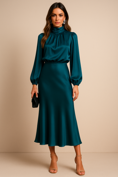 Teal midi dress side view showing draped neckline and gathered sleeves