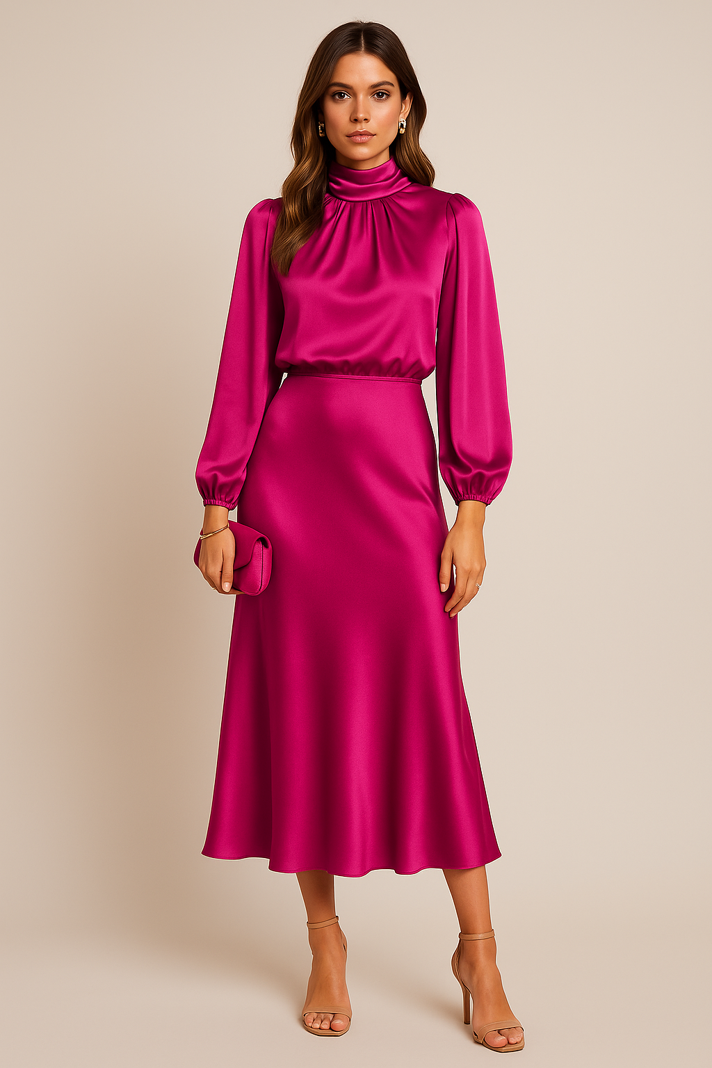 Magenta draped midi dress with puffed long sleeves and turtleneck