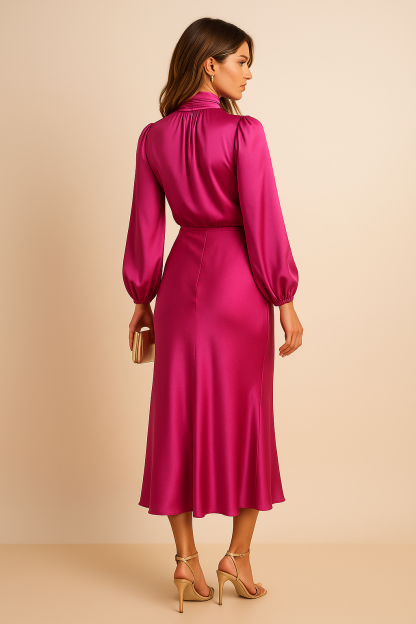 Back view of magenta midi dress with draped neckline and puffed sleeves