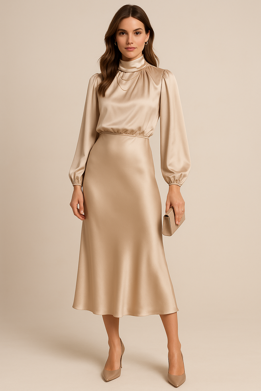 Beige draped midi dress with puffed long sleeves and turtleneck collar