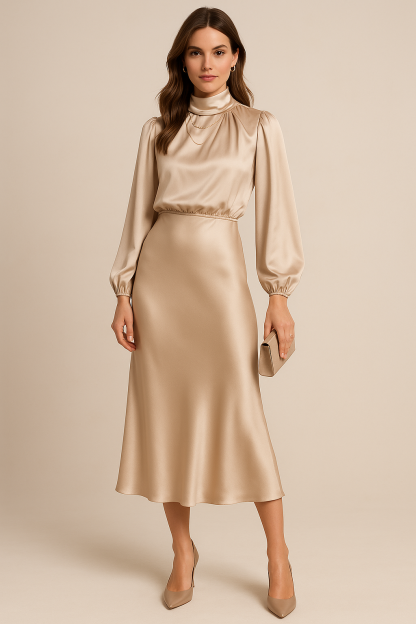Beige draped midi dress with puffed long sleeves and turtleneck collar