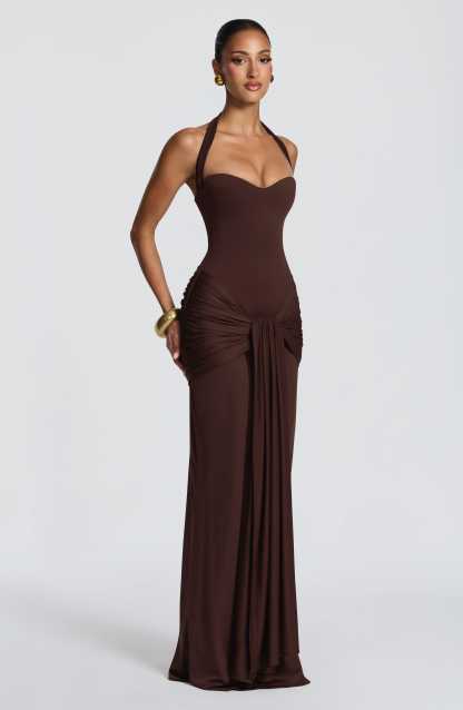 Amara Lace Up Maxi Dress - Brown