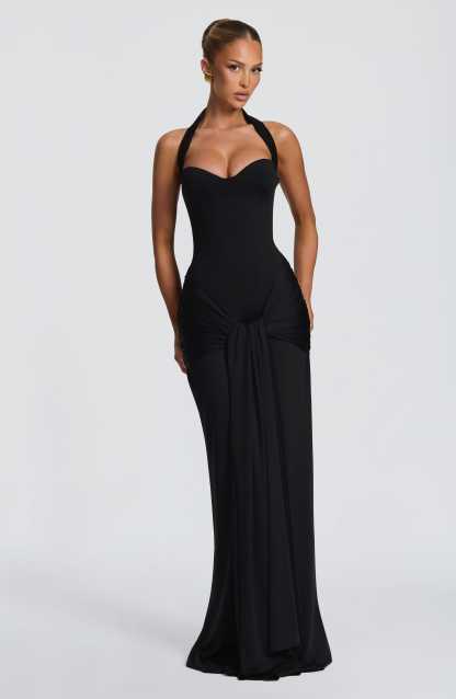 Amara Lace Up Maxi Dress - Black