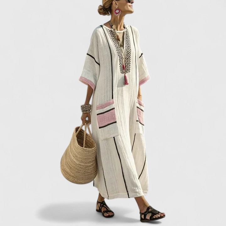 Natural linen maxi dress with pink and black trim details